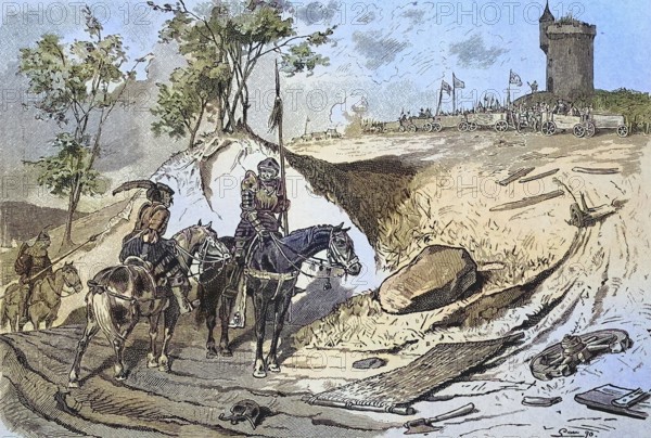 German Peasants' War, 1524-1526, Wagenburg der Bauern bei Königshofen/German Peasants' War, Wagon Castle of the Peasants near Königshofen, historical, digitally restored reproduction of an original model from the 19th century, exact original date unknown, subsequently colored