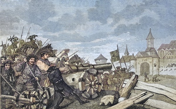German Peasants' War, 1524-1526, bombardment of Neckarsulm/German Peasants' War, shelling of Neckarsulm, historical, digitally restored reproduction of an original model from the 19th century, exact original date unknown, subsequently colored