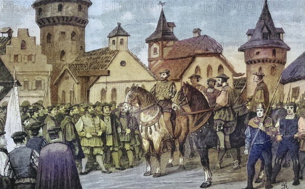 German Peasants' War, 1524-1526, Florian Geyer in Rotenburg, Florian Vulture of Giebelstadt, born around 1490, died June 10, 1525) was a Franconian imperial knight, troop leader in the service of Margrave Albert of Brandenburg-Ansbach and diplomat/German Peasants' War, Florian Vulture of Giebelstadt, born c. 1490, died June 10, 1525) was a Frankish imperial knight, commander of troops in the service of Margrave Albrecht of Brandenburg-Ansbach, and diplomat, historical, digitally restored reproduction of an original model from the 19th century, accurate Original date unknown, colored later