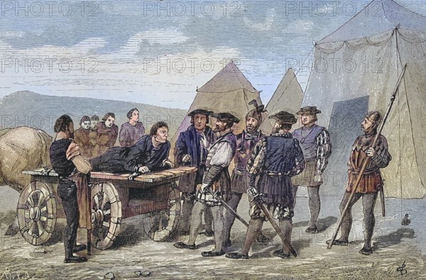 German Peasants' War, 1524-1526, Münzer's last speech. Thomas Müntzer, born around 1489, died May 27, 1525) was a theologian, reformer and revolutionary in the time of the Peasants' War, The Last Speech of Müntzer. Thomas Müntzer, born around 1489, died May 27, 1525) was a theologian, reformer and revolutionary in the time of the Peasants' War, historical, digitally restored reproduction of an original original from the 19th century, exact original date not known, subsequently colored