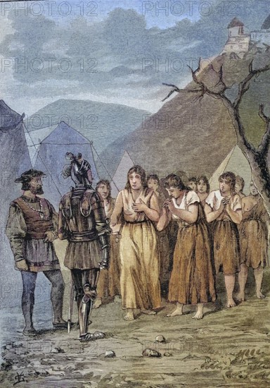 German Peasants' War, 1524-1526, Die Mühlhäuser Frauen bitten um Gnade/German Peasants' War, The woman of Mühlhausen beg for mercy, historical, digitally restored reproduction of an original model from the 19th century, exact original date not known, subsequently colored