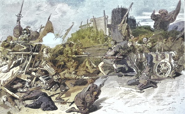 German Peasants' War, 1524-1526, defeat of the farmers under Thomas Münzer near Frankenhausen. Thomas Müntzer, born around 1489, died May 27, 1525, a theologian, reformer and revolutionary in the time of the Peasants' War, defeat of the peasants under Thomas Müntzer at Frankenhausen. Thomas Müntzer, born around 1489, died May 27, 1525, a theologian, reformer and revolutionary in the time of the Peasants' War, historical, digitally restored reproduction of an original original from the 19th century, exact original date not known, subsequently colored