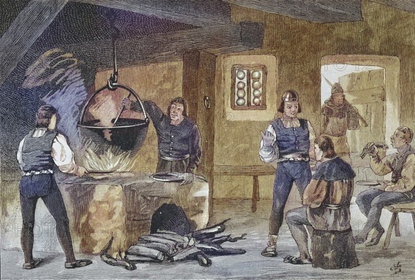 German Peasant War, 1524-1526, Bauernstube in Keula, Fische siedend/ German peasant war, peasant room in Keula, fish boiling, historical, digitally restored reproduction of an original model from the 19th century, exact original date not known, subsequently colored