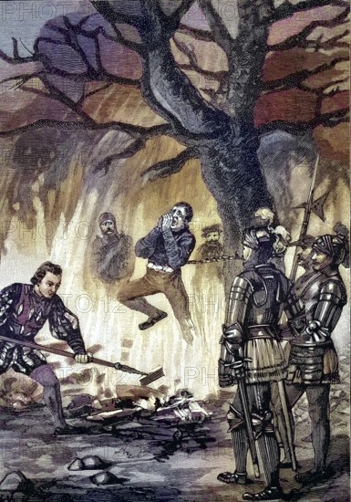 German Peasants' War, 1524-1526, Nonnemacher's execution. The piper Melchior Nonnenmacher, formerly a musician in noble service, was burned, Weinsberger Bluttat/German Peasants' War, Nonnemacher's execution. The Piper Melchior Nonnenmacher, formerly a musician in the service of the nobility, was burned to death, Weinsberg Bloody Deed, historical, digitally restored reproduction of an original original from the 19th century, exact original date not known, subsequently colored