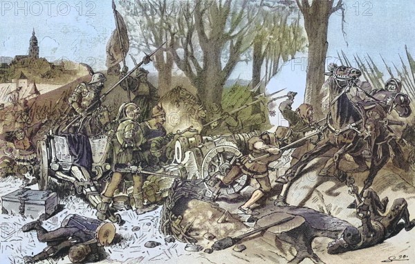 German Peasants' War, 1524-1526, scene from the Battle of Böblingen/German Peasants' War, scene from the Battle of Böblingen, historical, digitally restored reproduction of an original model from the 19th century, exact original date not known, subsequently colored