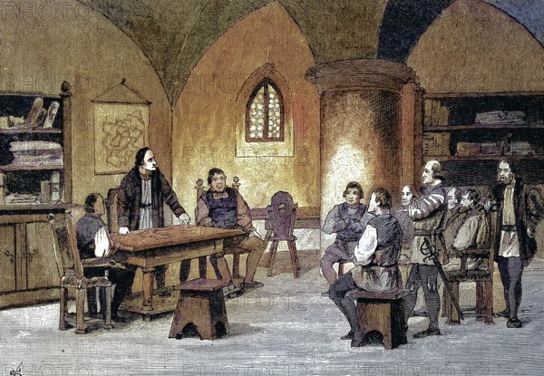 German Peasants' War, 1524-1526, session of the Constitutional Council in Heilbronn/German Peasants' War, Meeting of the Constitutional Council at Heilbronn, historical, digitally restored reproduction of an original model from the 19th century, exact original date unknown, subsequently colored
