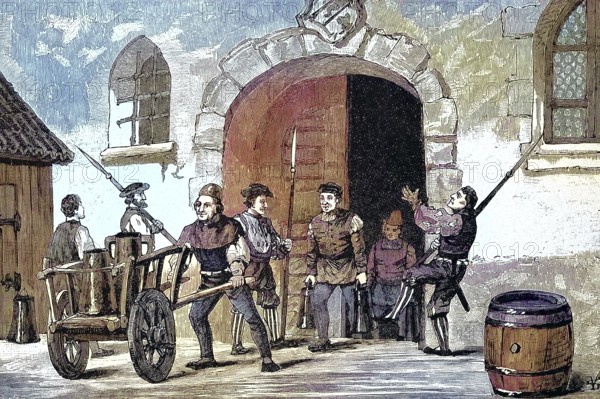 German Peasants' War, 1524-1526, Bermeter plunders a rectory in Würzburg. Georg Bermeter zu Rothenburg ob der Tauber/German Peasants' War, Bermeter Plunders a Vicarage at Würzburg. Georg Bermeter at Rothenburg ob der Tauber, historical, digitally restored reproduction of an original model from the 19th century, exact original date unknown, colored later