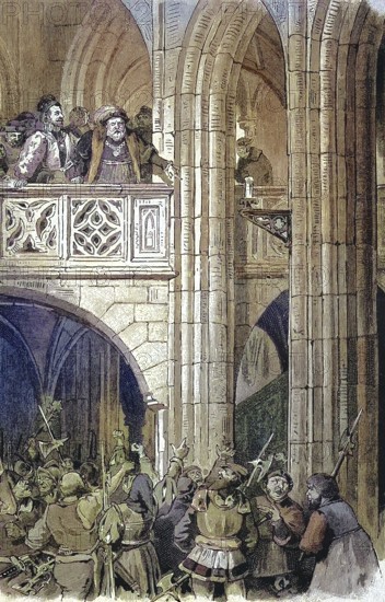 German Peasants' War, 1524-1526, Dispatch of the Imperial Commisionaries at Rotenburg/German Peasants' War, Dispatch of the Imperial Commissioners at Rotenburg, historical, digitally restored reproduction of an original model from the 19th century, exact original date unknown, subsequently colored