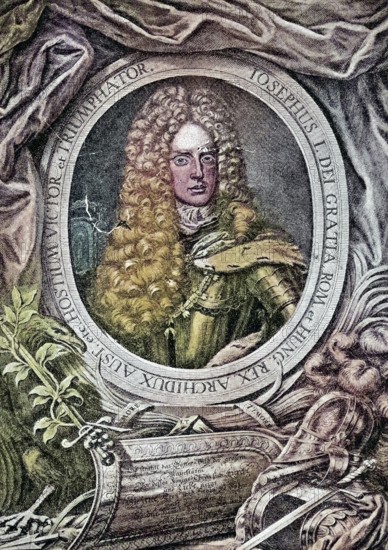 Joseph I (born 26 July 1678, died 17 April 1711) was a prince of the House of Habsburg and Holy Roman Emperor from 1705 to 1711, König von Böhmen, Kroatien und Ungarn / Joseph I (born July 26, 1678, died April 17, 1711) was a prince of the House of Habsburg and Holy Roman Emperor from 1705 to 1711, Historic, digitally restored reproduction of an original from the 19th century, exact original date unknown, subsequently coloured