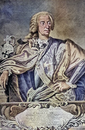 Charles Albrecht of Bavaria (born 6 August 1697, died 20 January 1745) from the House of Wittelsbach was Elector and Duke of Bavaria as Charles I from 1726 to 1745. After the death of Emperor Charles VI in 1740, from 1742 to 1745 as Charles VII Emperor of the Holy Roman Empire / Charles Albrecht of Bavaria (born August 6, 1697, died January 20, 1745) of the House of Wittelsbach was Elector and Duke of Bavaria as Charles I from 1726 to 1745. After the death of Emperor Charles VI in 1740, from 1742 to 1745 as Charles VII Emperor of the Holy Roman Empire, Historical, digitally restored reproduction of an original from the 19th century, exact original date unknown, subsequently coloured