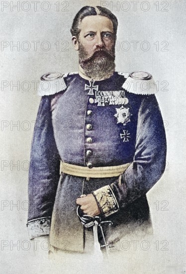 Frederick III, full name Frederick William Nicholas Charles of Prussia (born 18 October 1831, died 15 June 1888) . Juni 1888), descended from the noble house of Hohenzollern and was German Emperor and King of Prussia for 99 days / Frederick III, full name Frederick William Nicholas Charles of Prussia (born October 18, 1831, died June 15, 1888), descended from the noble house of Hohenzollern and was German Emperor and King of Prussia for 99 days, Historic, digitally restored reproduction of an original from the 19th century, exact original date unknown, subsequently coloured