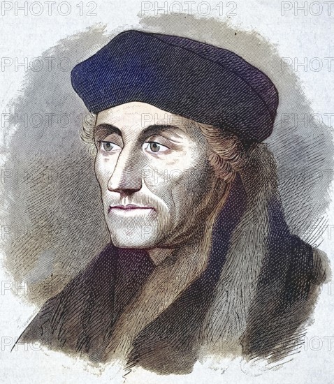 Erasmus (Desiderius) of Rotterdam (born October 27, 1466/1467/1469, died July 11/12, 1536) was an important Dutch scholar of European humanism. He was a theologian, philosopher, philologist and author / Erasmus (Desiderius) of Rotterdam (born October 27, 1466/1467/1469, died July 11/12, 1536) was an important Dutch scholar of European humanism. He was a theologian, philosopher, philologist and author, Historical, digitally restored reproduction of an original from the 19th century, exact original date unknown, subsequently coloured
