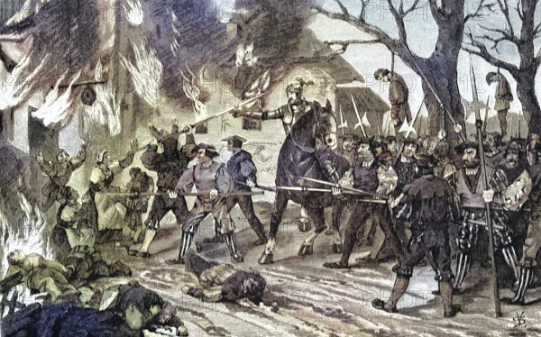 German Peasants' War, 1524-1526, burning of Schladming/German Peasants' War, burning of Schladming, historical, digitally restored reproduction of an original model from the 19th century, exact original date unknown, subsequently colored