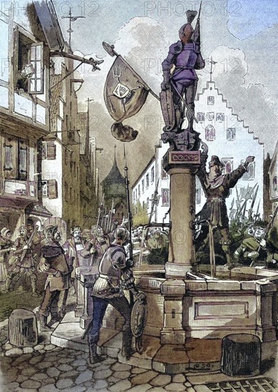 German Peasants' War, 1524-1526, Die Mergentheimer nehmen Partei für die Bauern/German Peasants' War, The Mergentheimers Take Sides with the Peasants, historical, digitally restored reproduction of an original original from the 19th century, exact original date not known, subsequently colored