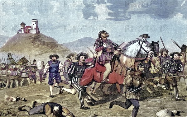 German Peasants' War, 1524-1526, Sieg der Bauern bei Goyssen/German Peasants' War, Victory of the Peasants at Goyssen, historical, digitally restored reproduction of an original model from the 19th century, exact original date unknown, subsequently colored