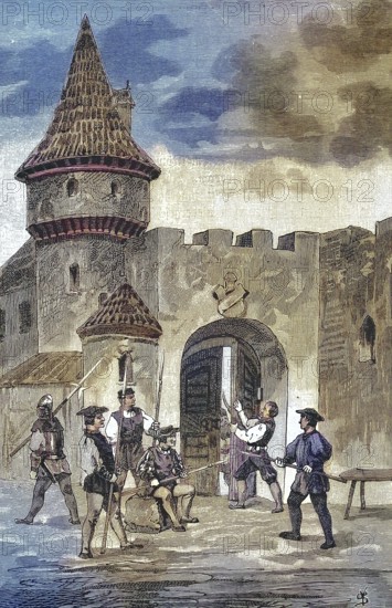 German Peasants' War, 1524-1526, Der Rat von Mühlhausen has the gates blocked off/German Peasants' War, The Council of Mühlhausen has the gates blocked off, historical, digitally restored reproduction of an original model from the 19th century, exact original date unknown, subsequently colored