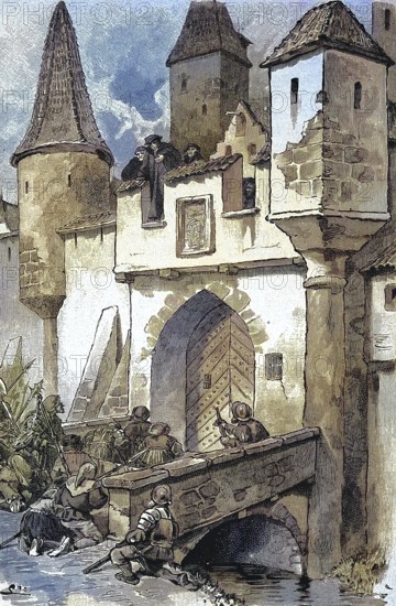 German Peasants' War, 1524-1526, Eberlin engages the townspeople at the Augst Bridge in Erfurt. Johann Eberlin von Günzburg (born around 1470, died October 1533) was a German Reformation theologian and social reformer in Franconia / German Peasants' War, Eberlin engages the townspeople at the Augst Bridge at Erfurt. Johann Eberlin von Günzburg (born around 1470, died October 1533) was a Reformation German theologian and social reformer in Franconia, Historical, digitally restored reproduction of an original from the 19th century, exact original date unknown, subsequently coloured