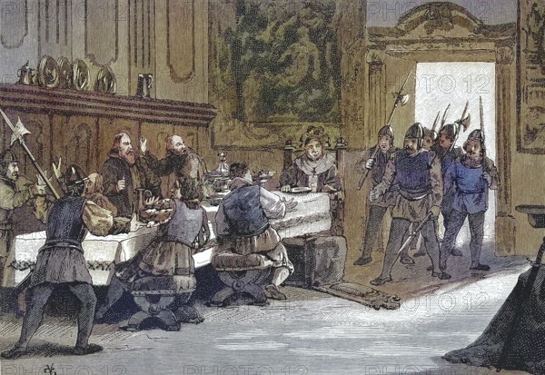 German Peasants' War, 1524-1526, faithlessness and betrayal of the Archbishop of Salzburg/German Peasants' War, disloyalty and betrayal of the Archbishop of Salzburg, historical, digitally restored reproduction of an original model from the 19th century, exact original date unknown, subsequently colored