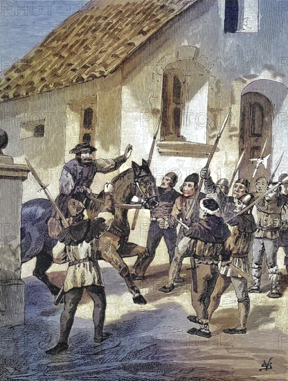 German Peasants' War, 1524-1526, Feuerbacher and the mutinous peasants. Matern Feuerbacher (born around 1484/1485, died in front of 1567) was a leader of the peasants in the Peasants' War / German Peasants' War, Feuerbacher and the mutinous peasants. Matern Feuerbacher (born around 1484/1485, died in front of 1567) was a leader of the peasants in the Peasants' War, Historic, digitally restored reproduction of an original from the 19th century, exact original date unknown, subsequently coloured