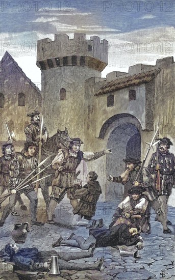 German Peasants' War, 1524-1526, Die Eselspforte in Marbach/German Peasants' War, The Donkey Gate in Marbach, historical, digitally restored reproduction of an original model from the 19th century, exact original date unknown, subsequently colored