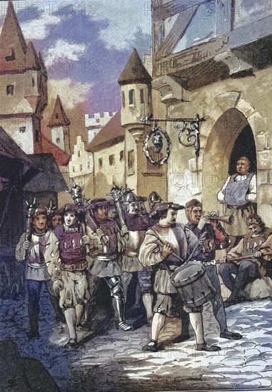 German Peasants' War, 1524-1526, Der Rat zu Hall mit seine Waffen/German Peasants' War, The Council at Hall with its Arms, historical, digitally restored reproduction of an original model from the 19th century, exact original date not known, subsequently colored