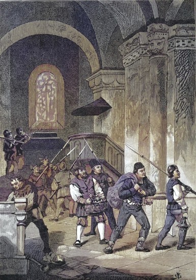 German Peasants' War, 1524-1526, destruction of Murrhardt, a small town in the Rems-Murr district, approx. 40 km northeast of Stuttgart in the heart of the Swabian Forest/German Peasants' War, Devastation of Murrhardt, a small town in the Rems-Murr District, about 40 km northeast of Stuttgart in the heart of the Swabian Forest, historically, digitally restored reproduction of an original original from the 19th century, exact original date unknown, colored later