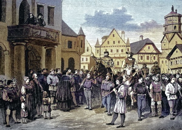 German Peasants' War, 1524-1526, Einzug der Bauern in Stuttgart/German Peasants' War, entry of the peasants into Stuttgart, historical, digitally restored reproduction of an original model from the 19th century, exact original date unknown, subsequently colored