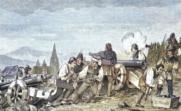 German Peasants' War, 1524-1526, bombardment of Freiburg by the Farmers/German Peasants' War, shelling of Freiburg by the Peasants, historical, digitally restored reproduction of an original model from the 19th century, exact original date not known, subsequently colored