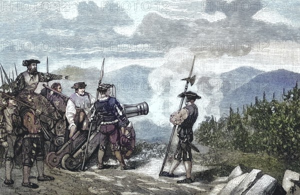 German Peasants' War, 1524-1526, Battle of Rosenburg/German Peasants' War, Battle at Rosenburg, historical, digitally restored reproduction of an original model from the 19th century, exact original date unknown, subsequently colored