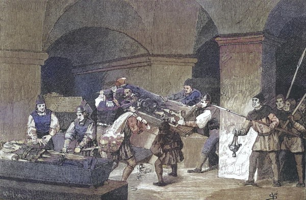 German Peasants' War, 1524-1526, Plundering of St. Blasien/German Peasants' War, sack of St. Blasien, historical, digitally restored reproduction of an original model from the 19th century, exact original date unknown, subsequently colored