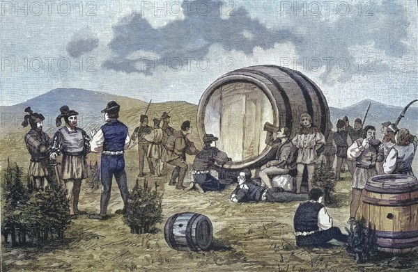 German Peasants' War, 1524-1526, Peasants' Camp on the Juniper with a Large Wine Barrel/German Peasants' War, Peasants' Camp on the Juniper with a Large Wine Barrel, historical, digitally restored reproduction of an original original from the 19th century, exact original date not known, colored later