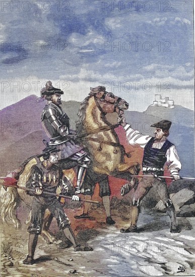 German Peasants' War, 1524-1526, Götz von Berlichingen and the Tailor of Pfedelbach/German Peasants' War, Götz von Berlichingen and the Tailor of Pfedelbach, historical, digitally restored reproduction of an original model from the 19th century, exact original date unknown, colored later