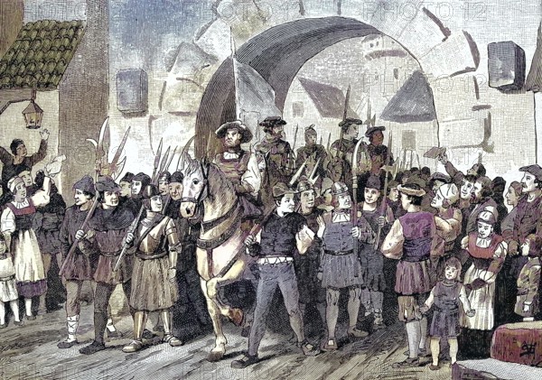 German Peasants' War, 1524-1526, The Heilbronn Flag moves out/German Peasants' War, The Heilbronn ensign moves out, historical, digitally restored reproduction of an original model from the 19th century, exact original date not known, subsequently colored