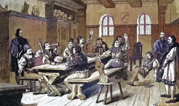 German Peasants War, 1524-1526, Junkers celebrate in a tavern/German Peasants War, Junkers celebrate in a tavern, historical, digitally restored reproduction of an original model from the 19th century, exact original date unknown, colored later