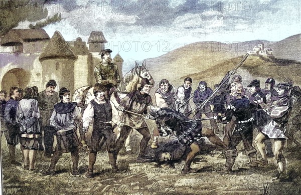 German Peasants' War, 1524-1526, The Count of Helfenstein is chased into the lances. The Counts of Helfenstein were an old Swabian noble family named after Helfenstein Castle above Geislingen an der Steige/German Peasants' War, The Count of Helfenstein is chased into the lances. The Counts of Helfenstein were an old Swabian noble family named after the castle Helfenstein located above Geislingen an der Steige, historical, digitally restored reproduction of an original original from the 19th century, exact original date not known, subsequently colored
