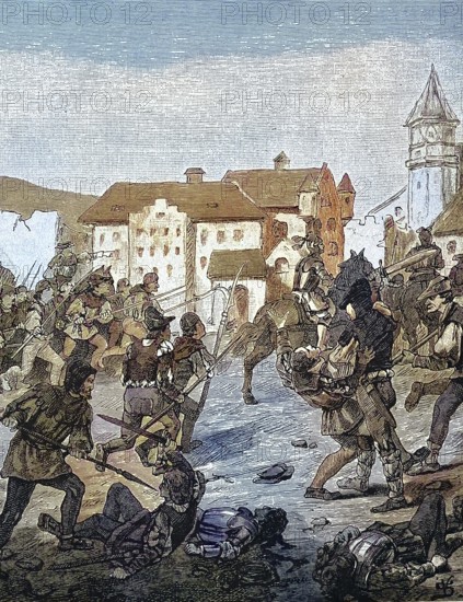 German Peasants' War, 1524-1526, Storming of Weinsberg/German Peasants' War, storming of Weinsberg, historical, digitally restored reproduction of an original model from the 19th century, exact original date not known, subsequently colored