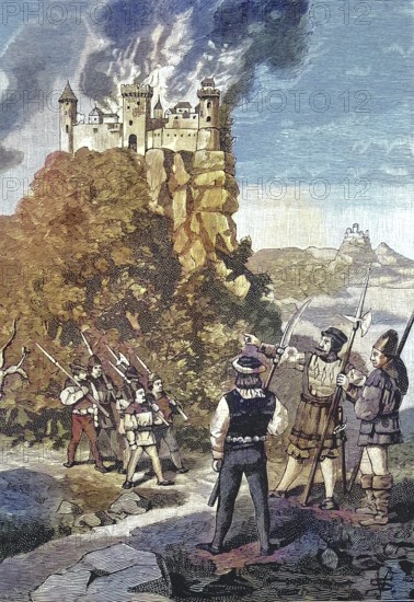 German Peasants' War, 1524-1526, destruction of Teck Castle south of the town of Kirchheim unter Teck in Baden-Württemberg/German Peasants' War, destruction of Teck Castle south of the town of Kirchheim unter Teck in Baden-Württemberg, Germany, historical, digitally restored reproduction of an original original from the 19th century, exact original date not known, subsequently colored