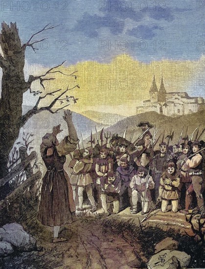 German Peasants' War, 1524-1526, The black courtier blesses the peasants. Margarete Renner (born around 1475, died 1535), called the Black Court Woman, is the only woman known by name who took an active part in the peasants' wars of the 16th century / German Peasants' War, The Black Court Woman Blesses the Peasants. Margarete Renner (born around 1475, died 1535), called the Black Court Woman, is the only woman known by name to have taken an active part in the Peasants' Wars of the 16th century, Historic, digitally restored reproduction of an original from the 19th century, exact original date unknown, subsequently coloured