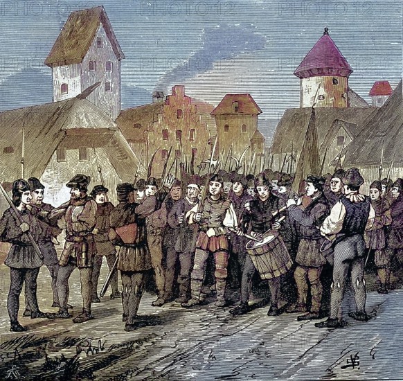 German Peasants' War, 1524-1526, Jäcklein Rohrbach in Flein. Jakob Rohrbach (died May 20 or 21, 1525) was a leader of the peasants in the Peasants' War of 1525, under whose leadership the castle and town of Weinsberg were stormed on 16 April 1525 / German Peasants' War, Jäcklein Rohrbach in Flein. Jakob Rohrbach (died May 20 or 21, 1525) was a leader of the peasants in the Peasants' War of 1525. Under his leadership, Weinsberg Castle and town were stormed on April 16, 1525, Historisch, digital restaurierte Reproduktion einer Originalvorlage aus dem 19. century, genaues Originaldatum nicht bekannt, nachträglich farbiert