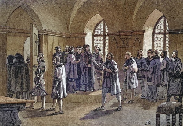 German Peasants' War, 1524-1526, formation of the municipal committee in Rotenburg/German Peasants' War, formation of the Rotenburg municipal committee, historical, digitally restored reproduction of an original model from the 19th century, exact original date unknown, subsequently colored