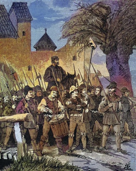 German Peasants' War, 1524-1526, Georg Mezler moves out of Oberschüpf/German Peasants' War, Georg Mezler moves out of Oberschüpf, historical, digitally restored reproduction of an original model from the 19th century, exact original date not known, subsequently colored