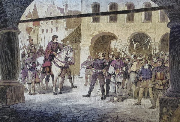 German Peasants' War, 1524-1526, The Bishop of Bamberg in front of the Armed People/German Peasants' War, The Bishop of Bamberg in front of the armed people, historical, digitally restored reproduction of an original model from the 19th century, exact original date not known, subsequently colored