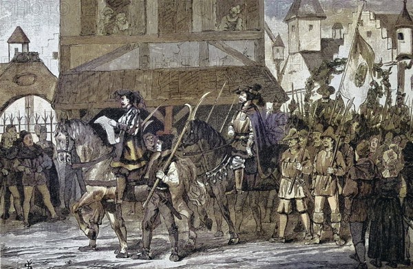 German Peasants' War, 1524-1526, Hans Müller with his satellites. Hans Müller, called von Bulgenbach, (born in the 15th century, died August 12, 1525) was a peasant leader in the German Peasants' War / German Peasants' War, Hans Müller with his satellites. Hans Müller, called von Bulgenbach, (born in the 15th century, died August 12, 1525) was a peasant leader in the German Peasants' War, Historical, digitally restored reproduction of an original from the 19th century, exact original date unknown, subsequently coloured