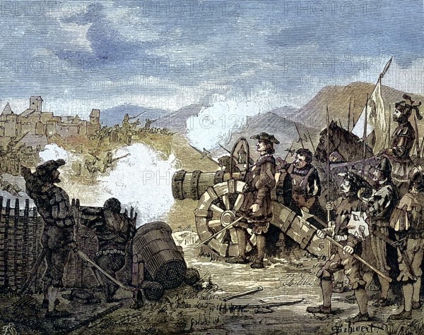 German Peasants' War, 1524-1526, battle near Wurzach/German Peasants' War, battle near Wurzach, historical, digitally restored reproduction of an original model from the 19th century, exact original date unknown, subsequently colored