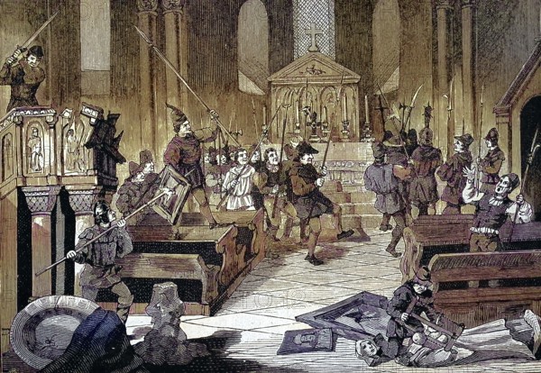 German Peasants' War, 1524-1526, iconoclasm in Kempten Abbey/German Peasants' War, iconoclasm in Kempten Abbey, historical, digitally restored reproduction of an original model from the 19th century, exact original date unknown, subsequently colored