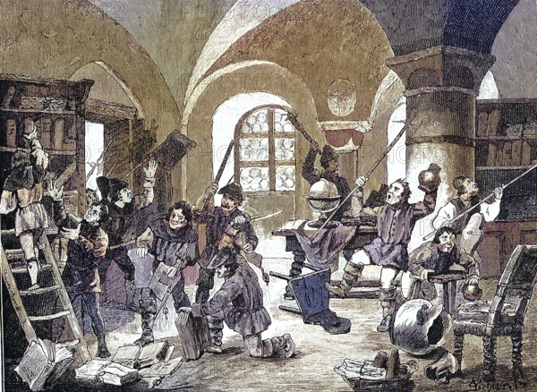 German Peasants' War, 1524-1526, Bustle of the Farmers in Roggenburg, Bayern/German Peasants' War, Driving of the Peasants in Roggenburg, Bavaria, historical, digitally restored reproduction of an original model from the 19th century, exact original date unknown, subsequently colored