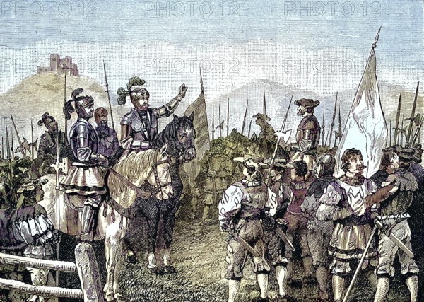 German Peasants' War, 1524-1526, The Truchsess talks to the Landsknechten near Böblingen. Truchsess was a court office in the medieval court society/German Peasants' War, The Truchsess talks to the Landsknechts near Böblingen. Truchsess was a court office in medieval court society, historical, digitally restored reproduction of an original model from the 19th century, exact original date not known, subsequently colored