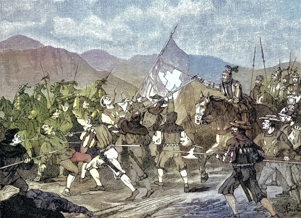 German Peasants' War, 1524-1526, Raid near Balingen/German Peasants' War, raid near Balingen, historical, digitally restored reproduction of an original model from the 19th century, exact original date unknown, subsequently colored