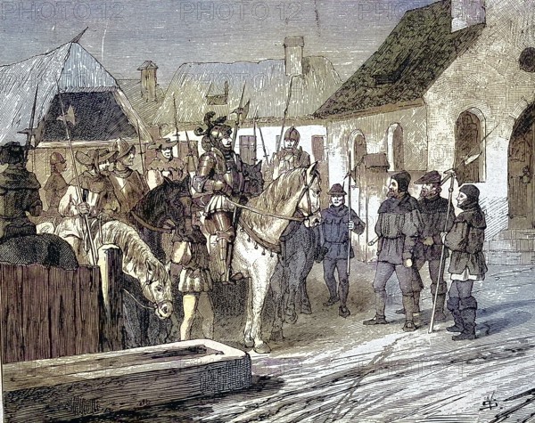 German Peasants' War, 1524-1526, Eitel Hans Ziegelmüller with his satellites. Eitelhans Ziegelmüller (born 15th century, died 16th century) was a peasant leader in the German Peasants' War / German Peasants' War, Eitel Hans Ziegelmüller with his satellites. Eitelhans Ziegelmüller (born 15th century, died 16th century) was a peasant leader in the German Peasant War, Historic, digitally restored reproduction of an original from the 19th century, exact original date unknown, subsequently coloured