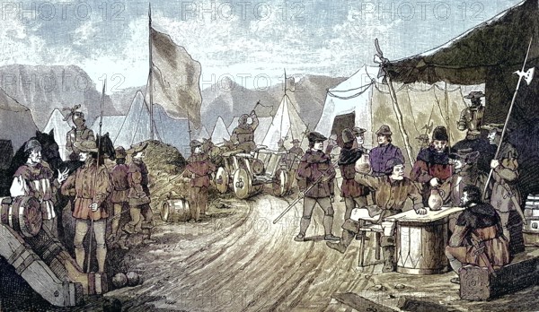 German Peasants' War, 1524-1526, Peasants' Camp near Laupheim, Baden-Württemberg/German Peasants' War, Peasants' Camp near Laupheim, Baden-Württemberg, historical, digitally restored reproduction of an original model from the 19th century, exact original date unknown, subsequently colored